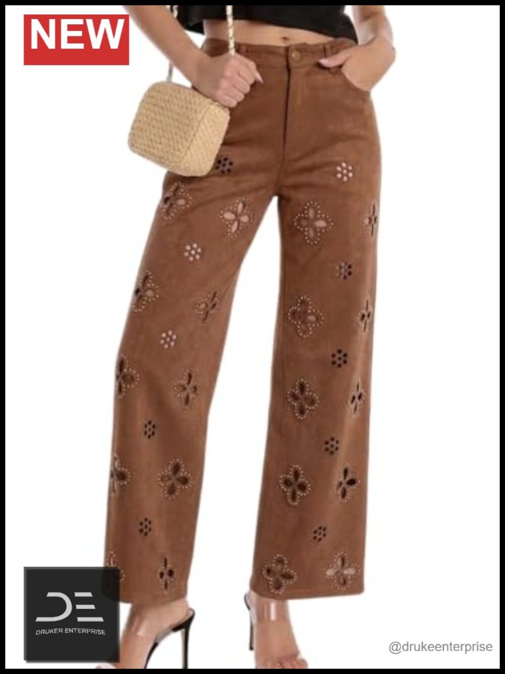 Women's High Waisted Pearl Embellished Hollow Out Floral Jeans
